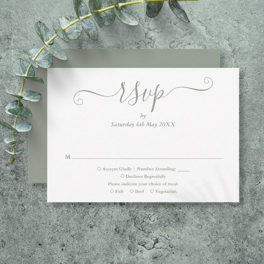Eenvoudig Elegant Sage Green Script RSVP Kaartje