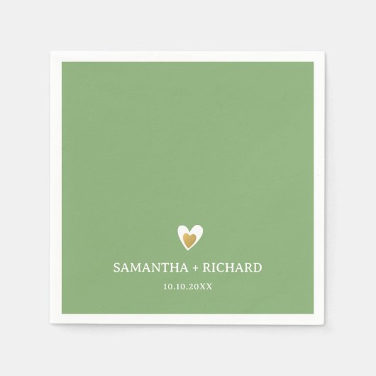 Eenvoudig Elegant Saliegroen Gouden Hart Trouw Servet (Voorkant)