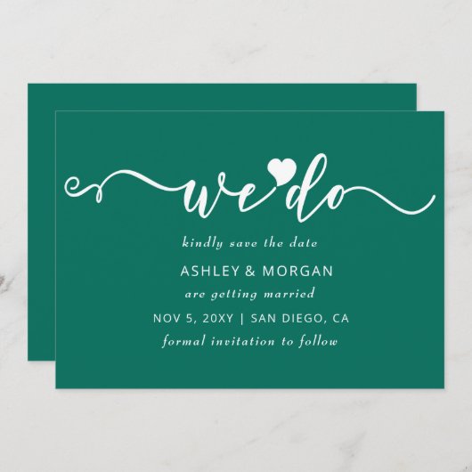 Eenvoudig elegant script Blauwgroen groen hart dat Save The Date (Voorkant / Achterkant)