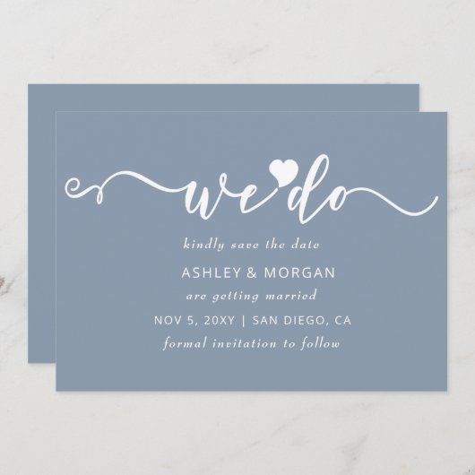 Eenvoudig elegant Script Dusty Blue Heart dat we d Save The Date (Voorkant / Achterkant)