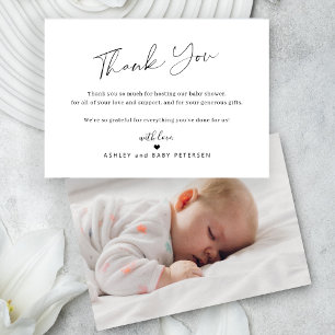 Eenvoudig elegant script foto bericht baby  bedankkaart