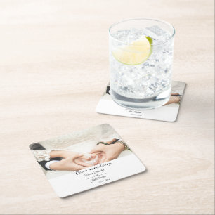 Eenvoudig Elegant Script Foto Bruiloft Party Vierkante Kartonnen Onderzetter