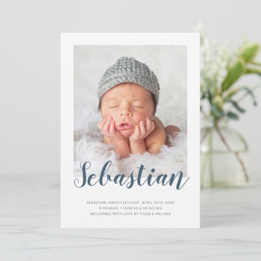 Eenvoudig elegant script | Fotogeboorte Aankondiging (Staand voorkant)