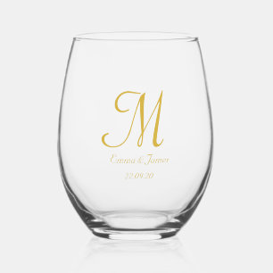 Eenvoudig Elegant Script Goud Monogram Bruiloft Wijnglas Zonder Voet