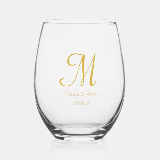 Eenvoudig Elegant Script Goud Monogram Bruiloft Wijnglas Zonder Voet (Voorkant)
