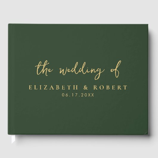 Eenvoudig Elegant Script Green Gold Wedding Gastenboek (Voorkant)