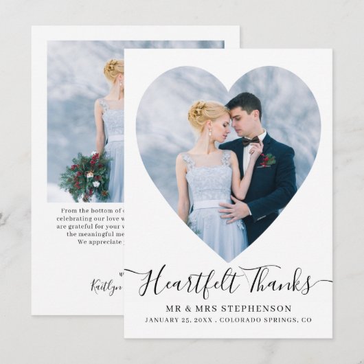 Eenvoudig Elegant Script Heart 2 Photo Wedding Bedankkaart (Voorkant / Achterkant)