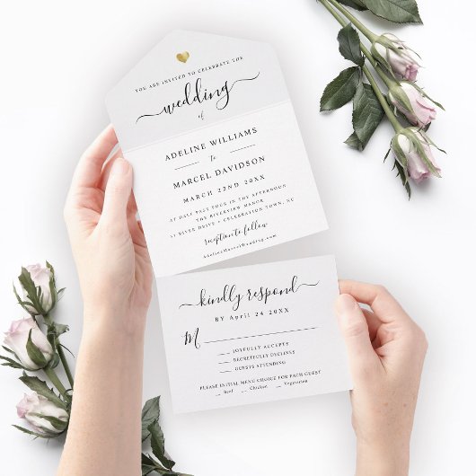 Eenvoudig Elegant Script Minimale Gouden Hart Brui All In One Uitnodiging