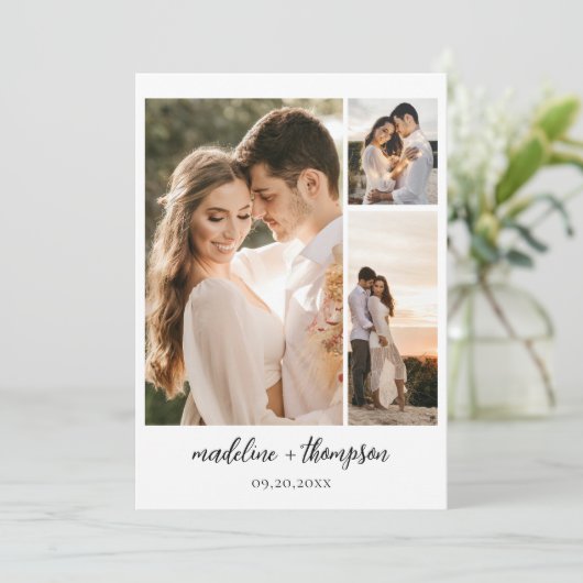 Eenvoudig Elegant Script Photo QR Code Weddenschap Kaart (Staand voorkant)