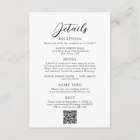 Eenvoudig Elegant Script QR Code Wedding Details Informatiekaartje (Voorkant)