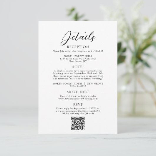 Eenvoudig Elegant Script QR Code Wedding Details Informatiekaartje (Staand voorkant)