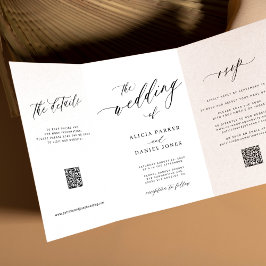 Eenvoudig elegant script RSVP QR witte bruiloft Drieluik Uitnodiging