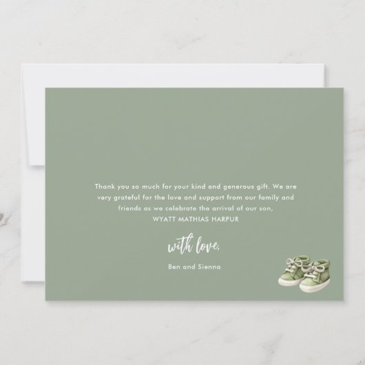 Eenvoudig Elegant Script Sage Green Baby Boy Bedankkaart (Achterkant)