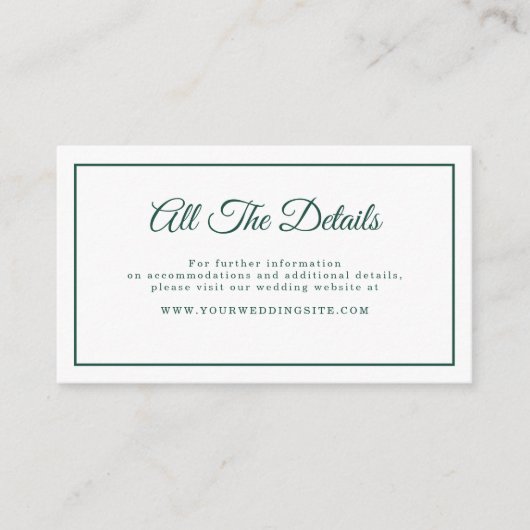Eenvoudig Elegant Script Smaragd Groen Bruiloft De Informatiekaartje (Voorkant)