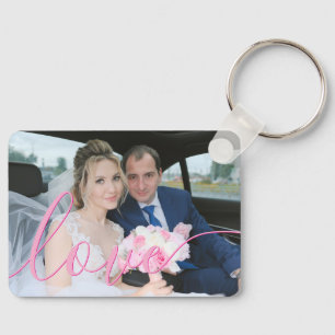 Eenvoudig Elegant Script Trouwfoto Roze Liefde Sleutelhanger