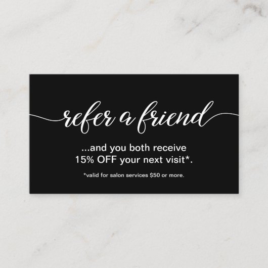 Eenvoudig Elegant Script Verwijs een vriend zwart Klantenkaartje (Voorkant)
