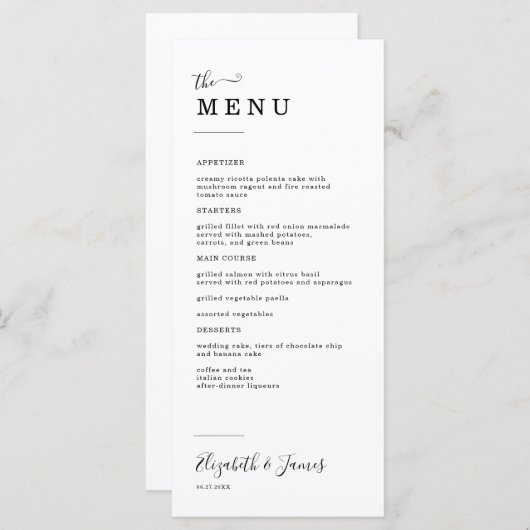 Eenvoudig Elegant Script Weddenschap Menu (Voorkant / Achterkant)