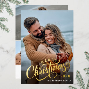 Eenvoudig Elegant Sparkle Kerstmis 4 FOTO Gold Folie Feestdagenkaart