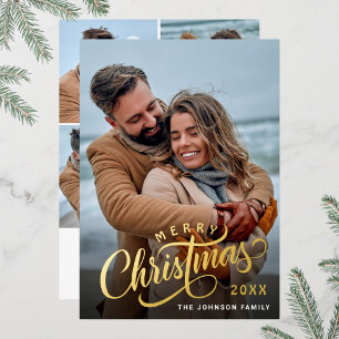 Eenvoudig Elegant Sparkle Kerstmis 5 FOTO Gold Folie Feestdagenkaart