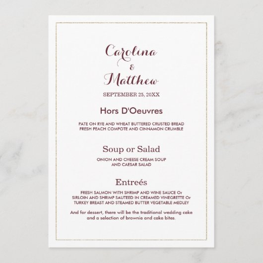 Eenvoudig elegant wit goud bordeaux Wedding Menu (Voorkant)