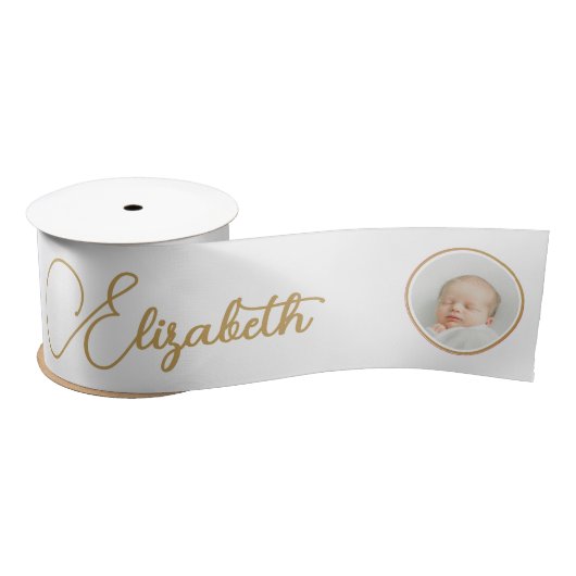 Eenvoudig Elegant Wit Goud Kruis Foto Naam Script Lint (Spoel)