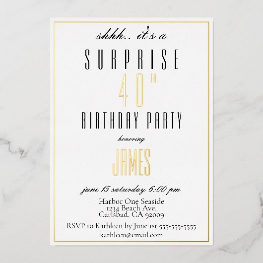 Eenvoudig, elegant zwart en wit goud zilver folie uitnodiging (Voorkant)