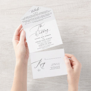 Eenvoudig elegant zwart op witte bruiloft all in one uitnodiging