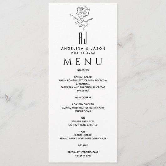 Eenvoudig elegant zwart-wit huwelijk menu (Voorkant)