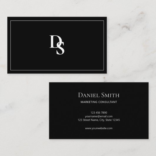 Eenvoudig Elegant Zwart-wit met Initiaal Visitekaartje (Voorkant / Achterkant)