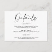 Eenvoudig elegant zwart-witscript details bruiloft informatiekaartje (Voorkant)