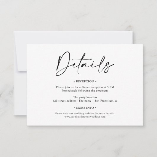 Eenvoudig elegant zwart-witscript details bruiloft kaart (Voorkant)