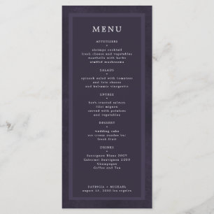Eenvoudig elegante donkerpaarse bruiloft menu