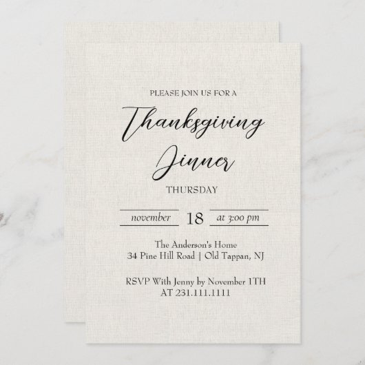 Eenvoudig en Elegant Canvas Thanksgiving Diner Kaart (Voorkant / Achterkant)