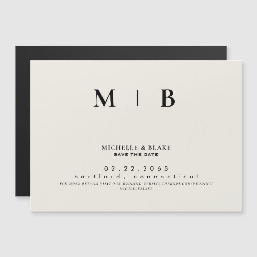 Eenvoudig en stijlvol Monogram beige Sparen de Dat Magnetische Uitnodiging (Voorkant / Achterkant)