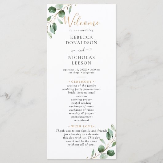 Eenvoudig Eucalyptus Greenery Ceremony-programma Menu (Voorkant)