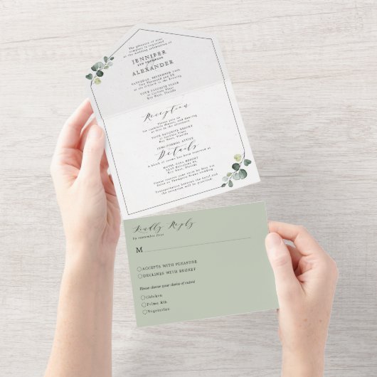 Eenvoudig Eucalyptus Greenery Wedding All In One Uitnodiging (Afscheurbaar)