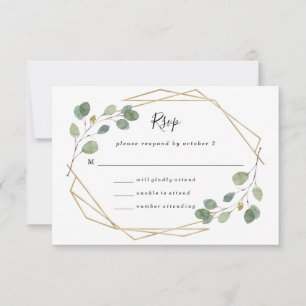 Eenvoudig eucalyptusgroen geometrische bruiloft RSVP kaartje