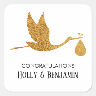Eenvoudig Faux Gold Stork-Baby shower Vierkante Sticker