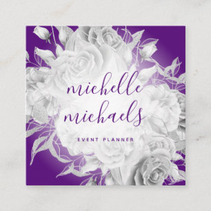 Eenvoudig Floral Paars- en Silver Modern-script Vierkante Visitekaartje