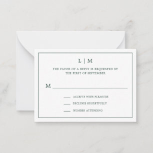 Eenvoudig Forest Green Monogram Mini Wedding RSVP Notitiekaartje