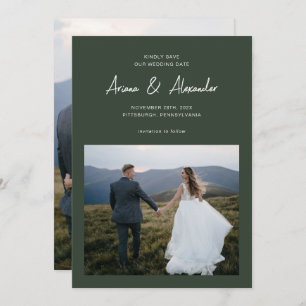 Eenvoudig Forest Green Script Fotobruiloft Save The Date