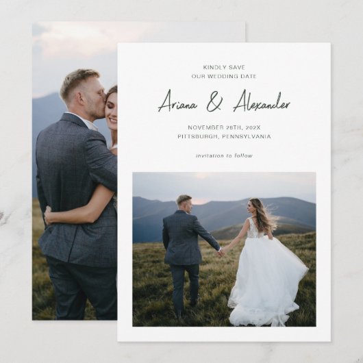 Eenvoudig Forest Green Script Fotobruiloft Save The Date (Voorkant / Achterkant)