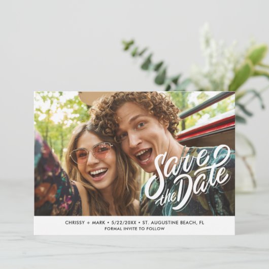 Eenvoudig fotohuwelijk sparen de datum save the date (Staand voorkant)