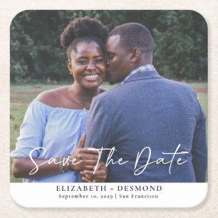 Eenvoudig fotohuwelijk sparen de datum vierkante kartonnen onderzetter