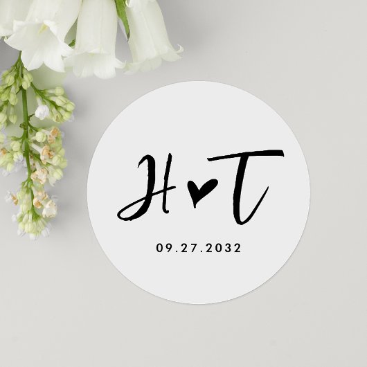 Eenvoudig Geborsteld Script Hart Monogram Bruiloft Ronde Sticker
