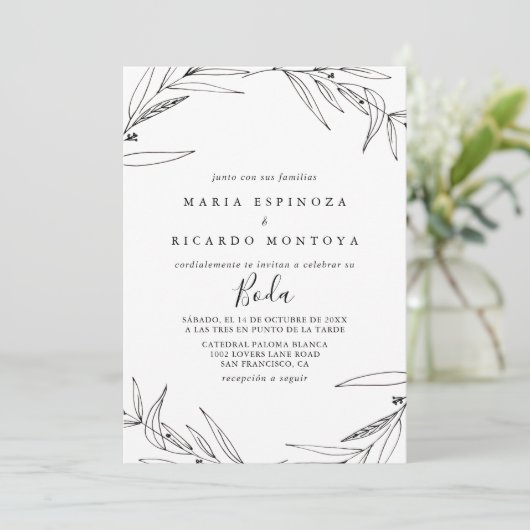 Eenvoudig geïllustreerd gebladerte Spaanse bruilof Kaart (Staand voorkant)