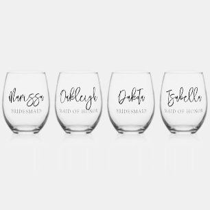 Eenvoudig gepersonaliseerd script naam bruidsmeisj wijnglas zonder voet