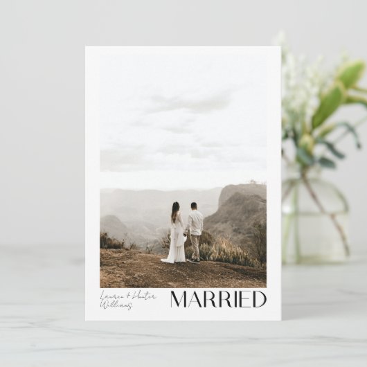 Eenvoudig getrouwd 3 fotoscript bruiloft receptie aankondiging (Staand voorkant)