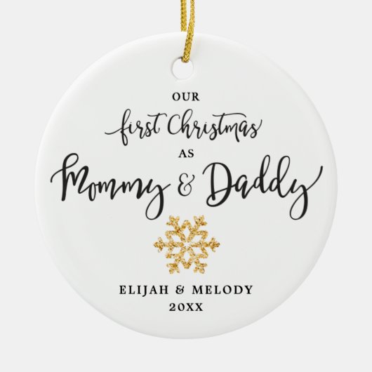 Eenvoudig Gold Snowflake mama en papa Kerstmis Keramisch Ornament (Voorkant)