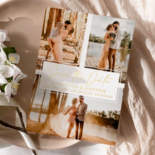 Eenvoudig goud behalve datum 3 collage van het fot folie uitnodiging